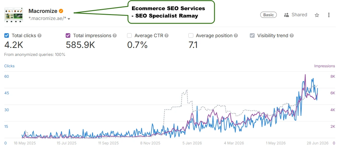 Macromize.ae last 12 months Google Search Console organic performance stats — ecommerce SEO results by Abdullah Ramay UAE